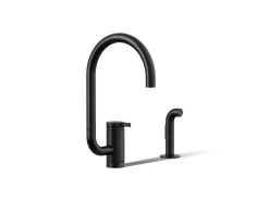 Single-handle kitchen sink faucet with two-function extended-reach spout and side sprayer