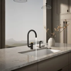Single-handle kitchen sink faucet with two-function extended-reach spout and side sprayer