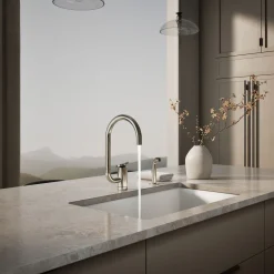 Single-handle kitchen sink faucet with two-function extended-reach spout and side sprayer