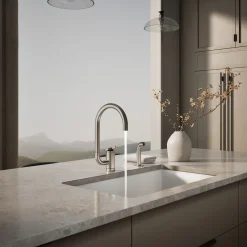 Single-handle kitchen sink faucet with two-function extended-reach spout and side sprayer