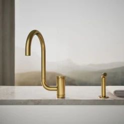 Single-handle kitchen sink faucet with two-function extended-reach spout and side sprayer