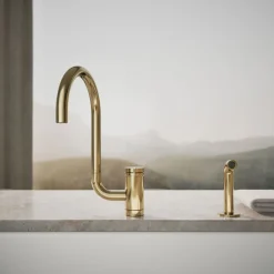 Single-handle kitchen sink faucet with two-function extended-reach spout and side sprayer