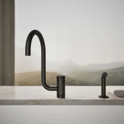 Single-handle kitchen sink faucet with two-function extended-reach spout and side sprayer