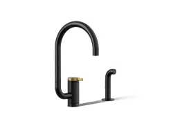 Single-handle kitchen sink faucet with two-function extended-reach spout and side sprayer