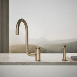 Single-handle kitchen sink faucet with two-function extended-reach spout and side sprayer