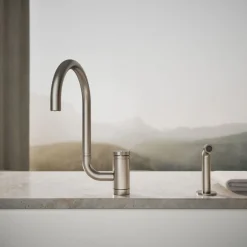 Single-handle kitchen sink faucet with two-function extended-reach spout and side sprayer
