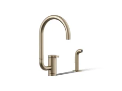 Single-handle kitchen sink faucet with two-function extended-reach spout and side sprayer
