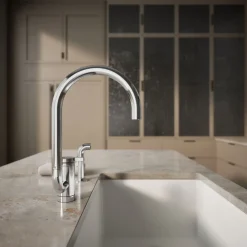 Single-handle kitchen sink faucet with two-function extended-reach spout and side sprayer