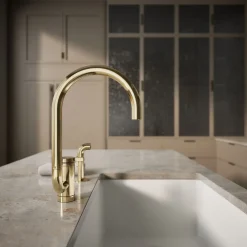 Single-handle kitchen sink faucet with two-function extended-reach spout and side sprayer