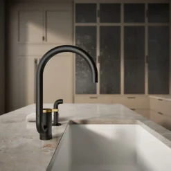 Single-handle kitchen sink faucet with two-function extended-reach spout and side sprayer
