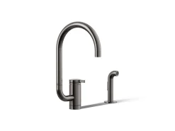 Single-handle kitchen sink faucet with two-function extended-reach spout and side sprayer