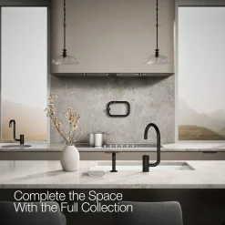 Single-handle kitchen sink faucet with two-function extended-reach spout and side sprayer