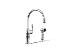 Single-handle kitchen sink faucet with two-function sprayhead