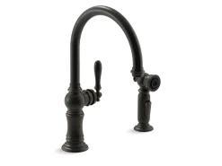 Single-handle kitchen sink faucet with two-function sprayhead