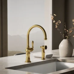 Single-handle kitchen sink faucet with two-function sprayhead