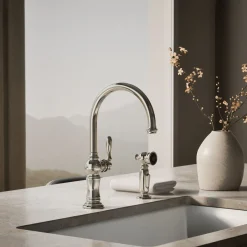 Single-handle kitchen sink faucet with two-function sprayhead