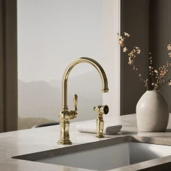 Single-handle kitchen sink faucet with two-function sprayhead