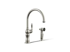 Single-handle kitchen sink faucet with two-function sprayhead