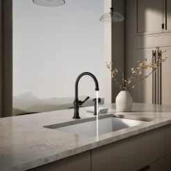 Single-handle kitchen sink faucet with two-function sprayhead