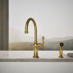 Single-handle kitchen sink faucet with two-function sprayhead