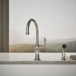 Single-handle kitchen sink faucet with two-function sprayhead