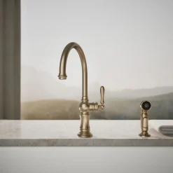 Single-handle kitchen sink faucet with two-function sprayhead