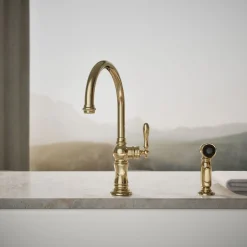 Single-handle kitchen sink faucet with two-function sprayhead