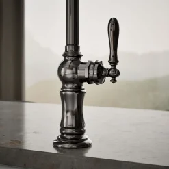 Single-handle kitchen sink faucet with two-function sprayhead