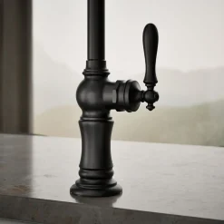 Single-handle kitchen sink faucet with two-function sprayhead