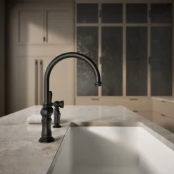 Single-handle kitchen sink faucet with two-function sprayhead