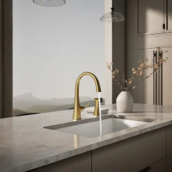Single-handle kitchen sink faucet with two-function side sprayer