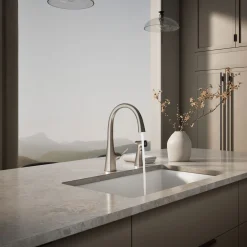 Single-handle kitchen sink faucet with two-function side sprayer