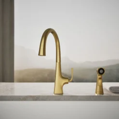 Single-handle kitchen sink faucet with two-function side sprayer