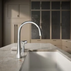 Single-handle kitchen sink faucet with two-function side sprayer