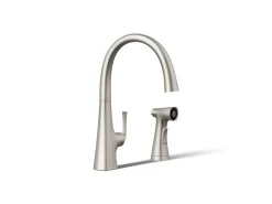 Single-handle kitchen sink faucet with two-function side sprayer