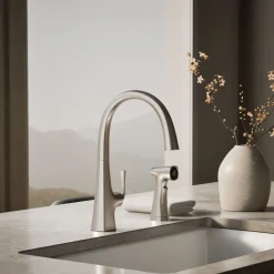 Single-handle kitchen sink faucet with two-function side sprayer