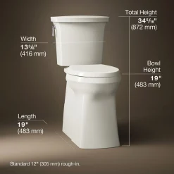 Tall two-piece elongated toilet with skirted trapway, 1.28 gpf
