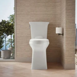 Tall two-piece elongated toilet with skirted trapway, 1.28 gpf