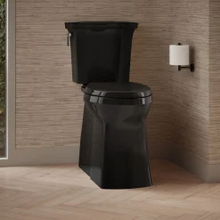 Tall two-piece elongated toilet with skirted trapway, 1.28 gpf