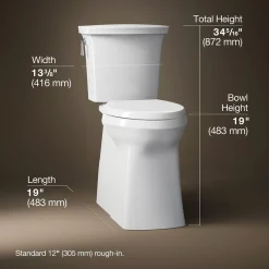 Tall two-piece elongated toilet with skirted trapway, 1.28 gpf