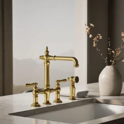Three-hole bridge kitchen sink faucet with side sprayer