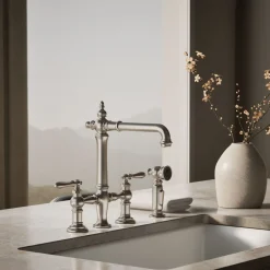 Three-hole bridge kitchen sink faucet with side sprayer