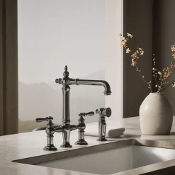 Three-hole bridge kitchen sink faucet with side sprayer