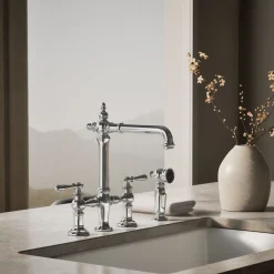 Three-hole bridge kitchen sink faucet with side sprayer