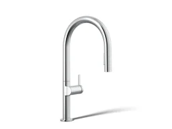 Touchless pull-down kitchen sink faucet with two-function sprayhead