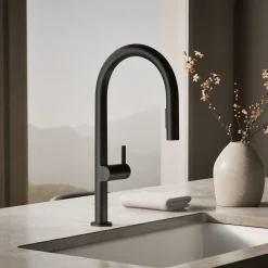 Touchless pull-down kitchen sink faucet with two-function sprayhead