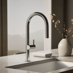 Touchless pull-down kitchen sink faucet with two-function sprayhead