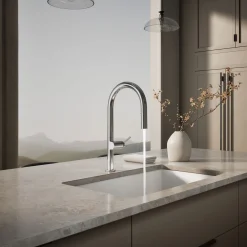 Touchless pull-down kitchen sink faucet with two-function sprayhead