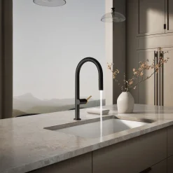 Touchless pull-down kitchen sink faucet with two-function sprayhead
