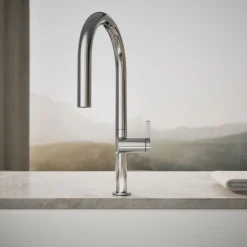 Touchless pull-down kitchen sink faucet with two-function sprayhead